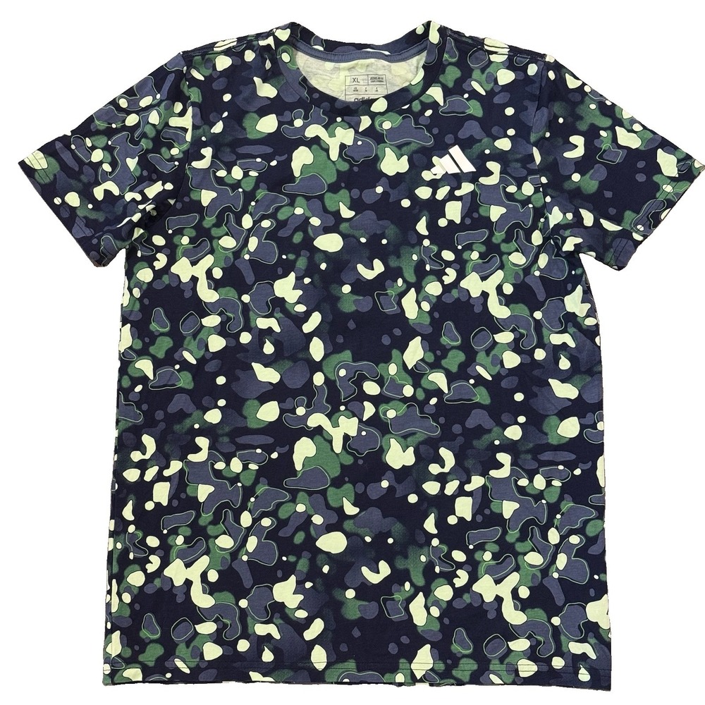 Adidas Boys XL 18/20 Camo T-Shirt Blue Green Allover Print Cotton NWOT - Picture 1 of 8